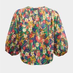 MOTHER The Breeze Tie Top Puff Sleeve Shirt Cosmic Bloom Blouse Sz M NEW